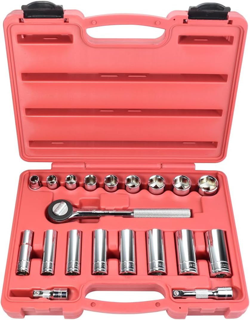 K Tool International 22000 SAE Socket Set with 3/8" Drive for Garages, Repair Shops and DIY, 6-point, Heat-treated, Chrome Vanadium, Molded Case, (9) Short, (8) Deep, Ratchet, (2) Extensions, 20 Piece