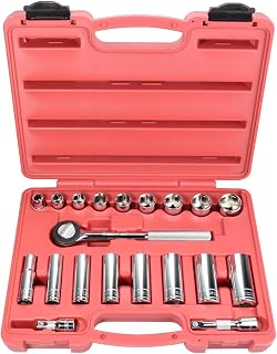K Tool International 22000 SAE Socket Set with 3/8" Drive for Garages, Repair Shops and DIY, 6-point, Heat-treated, Chrome Vanadium, Molded Case, (9) Short, (8) Deep, Ratchet, (2) Extensions, 20 Piece