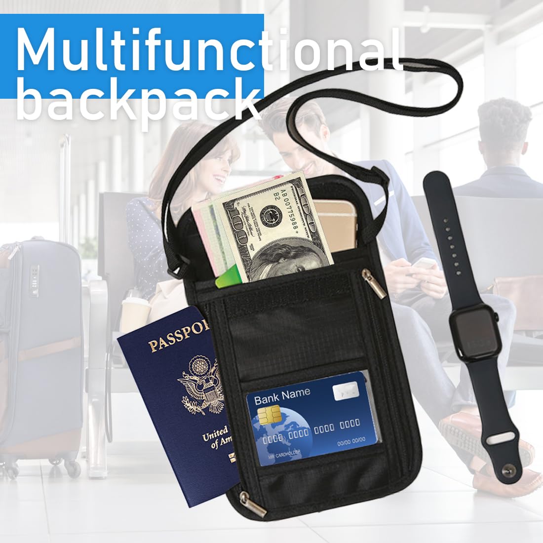 2 pcs Cartera de Cuello Porta Pasaporte, Bolsa para el cuello para hombre, Bolso en el pecho protección, Bolsa de Viaje Seguridad, Bolsa Halter Antirrobo con Múltiples Compartimentos