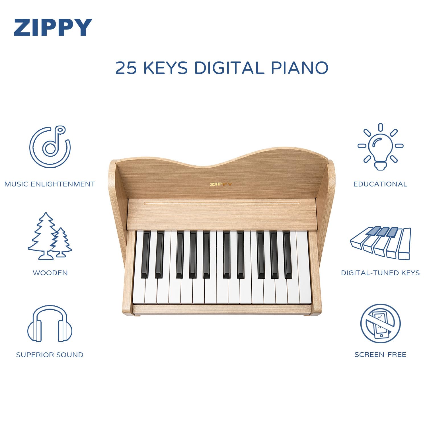 ZIPPY Klawiatura fortepianowa dla dzieci, 25 przycisków, regulacja głośności, mini zabawka do nauki muzyki, drewniane pianino dla małych dzieci, dziewcząt, chłopców (Dąb)