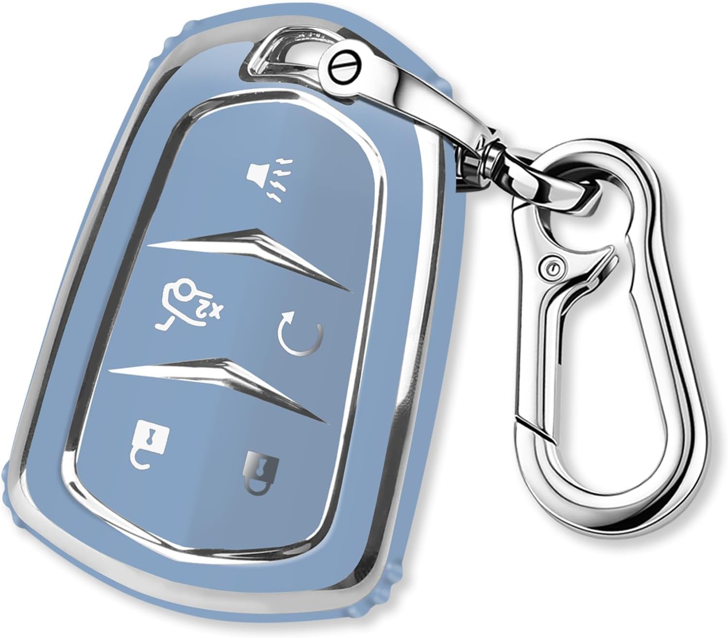 QBUC for Cadillac Key Fob Cover with Keychain Chrome Silver Trim Soft TPU Protection Case Compatible with 2015-2019 Cadillac Escalade ATS CTS CT6 XTS XT5 SRX 5-Buttons(Blue)