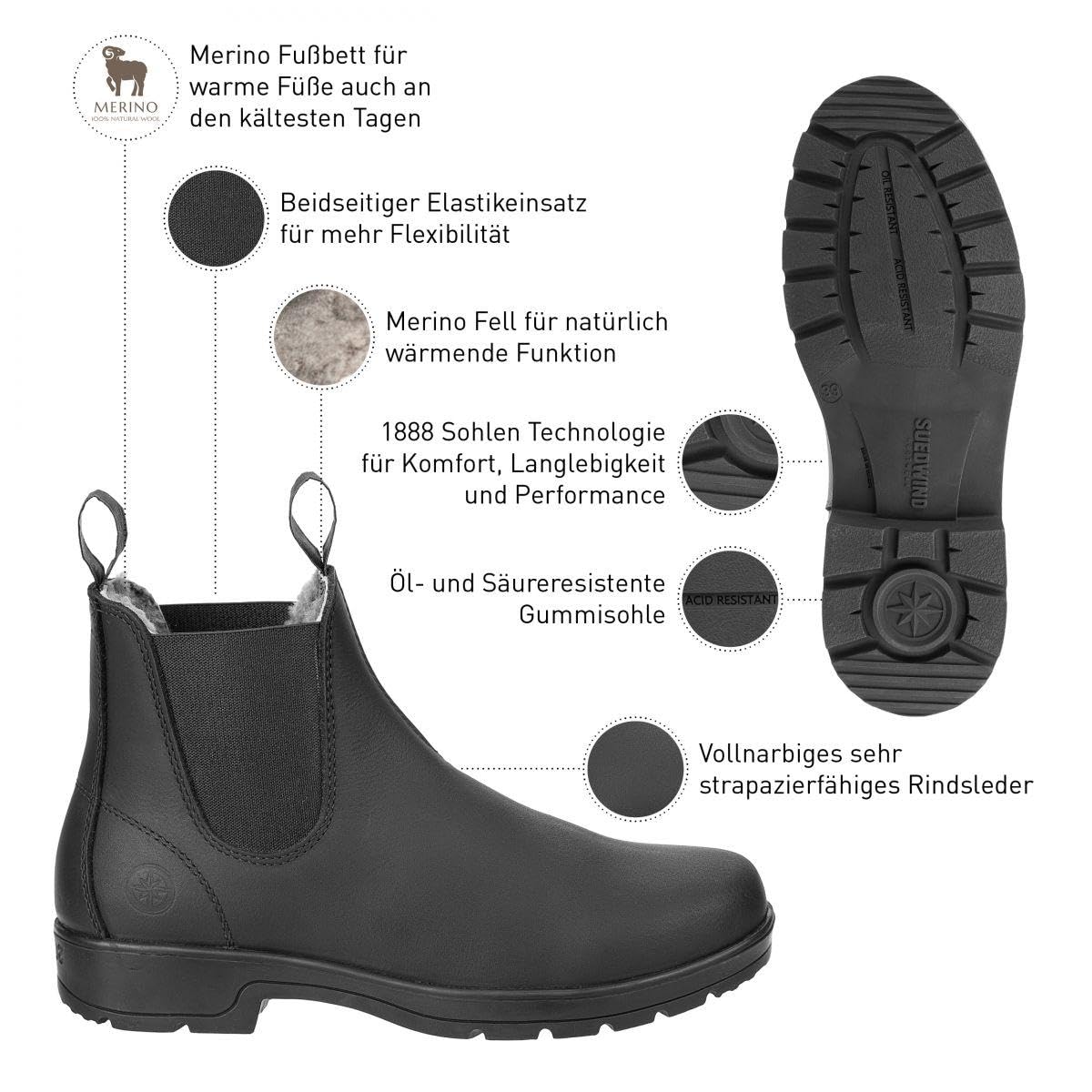 Stiefelette »1888 AUSTRALIAN CLASSIC MERINO« Handmade in Portugal | Merino Futter | Robustes Oberleder | Sohle Öl- u. Säureresistent | Boots für Outdoor, Gassi, Stall, Reiten, Reisen