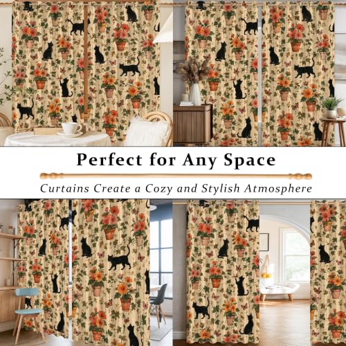 Rideaux occultants thermiques noirs 132x213 cm à œillets avec motifs de chat et fleurs pour bureau - 8