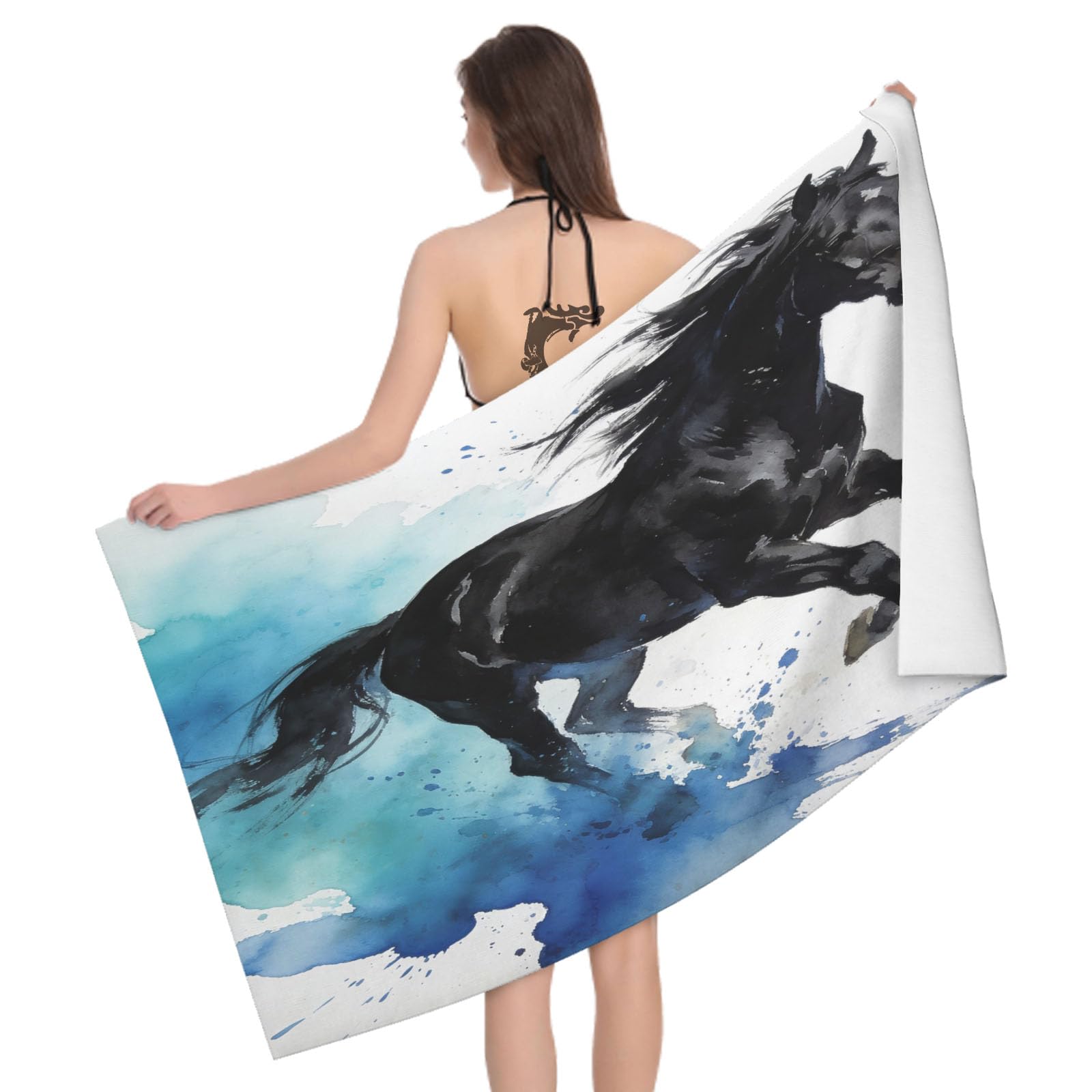 Leichong 3D Horse Beach Towel Microfiber Soft Quick Dry for Adults, Watercoloring Bath Towel Lightweight Soft Absorbent for Travel Swimming Pool Sports, 75 x 150 cm