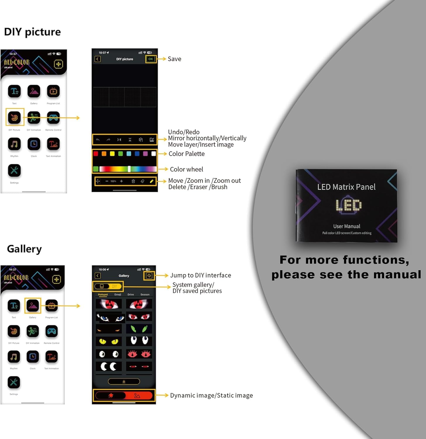 Looklight Yeux de Voiture LED Yeux pour Voiture Affichage LED Programmable Panneau Néon Personnalisé Eclairage Intérieur Bluetooth USB pour Camion, Graffiti, Application Intelligente, 59,5x12cm