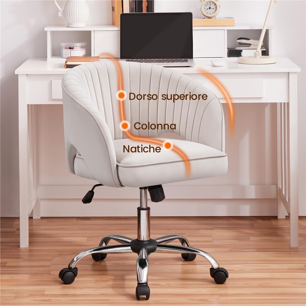 Yaheetech Poltroncina/Sedia da Ufficio Scrivania Ergonomica in Velluto Imbottita a Rotelle Girevole Reclinabile Altezza Regolabile Crema