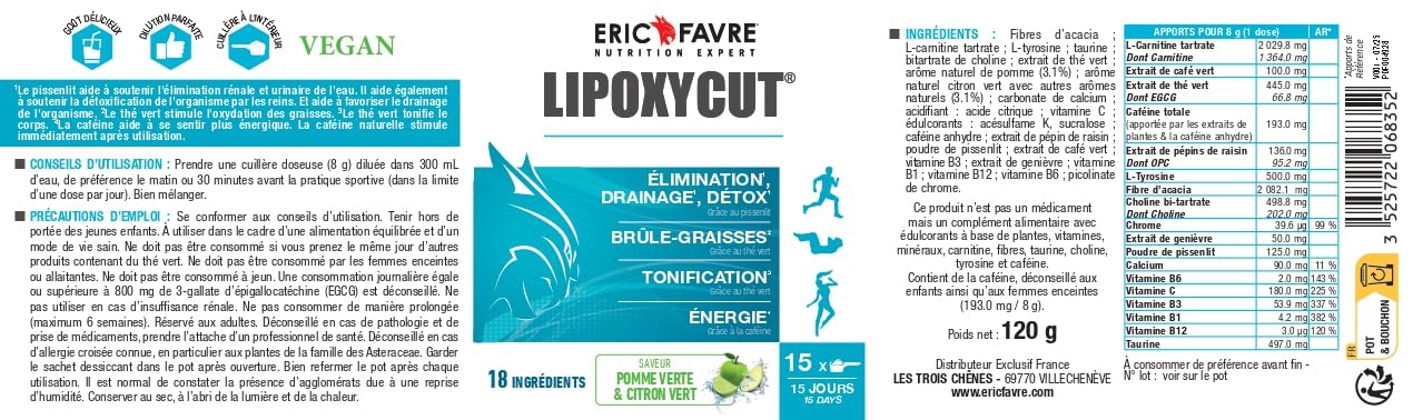LIPOXYCUT FAT & SUGAR - Complément Alimentaire - Formule 4 en 1 avec L-Carnitine, Thé Vert, Café Vert & Vitamines - Faible en Sucres - 120g - Boisson Pomme Verte, Citron - Eric Favre