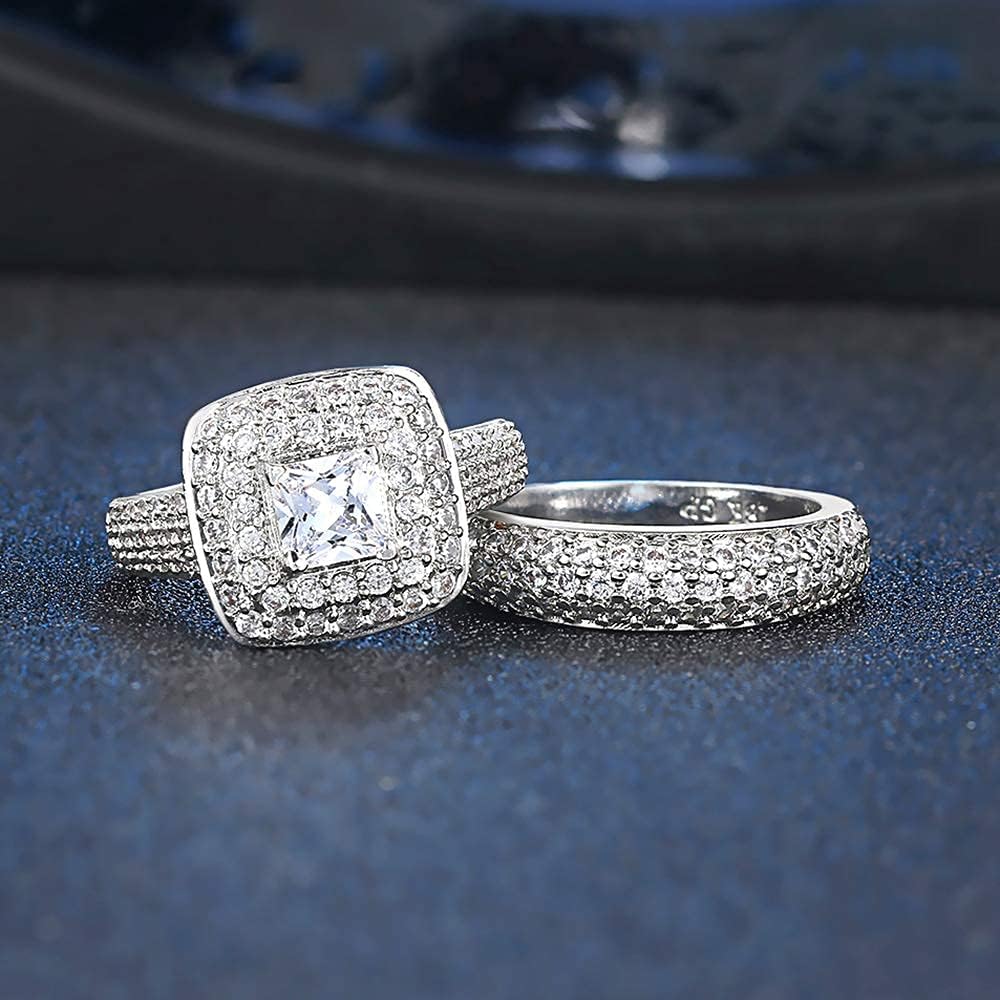 Wedding Ring Set Plated White Gold Princess Cut Cubic Zirconia Couples Rings Filled blac Cz Intertwined Crossover Engagement Bridal Band Women （Size 7）
