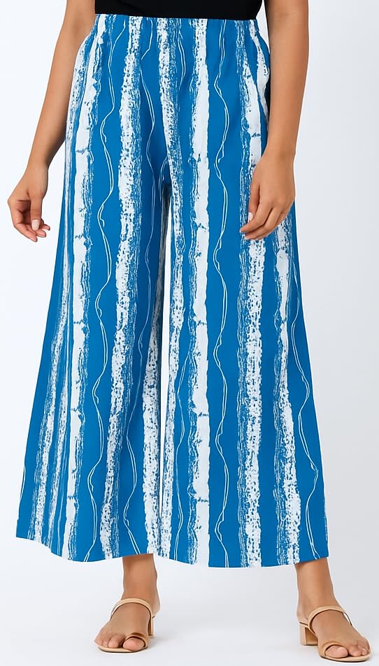 Image of PI World Printed Striped Western Mid Rise Palazzo /Trouser /Pant for Women /Girls Combo 2 (Waist 28 Inches to 36 Inches)