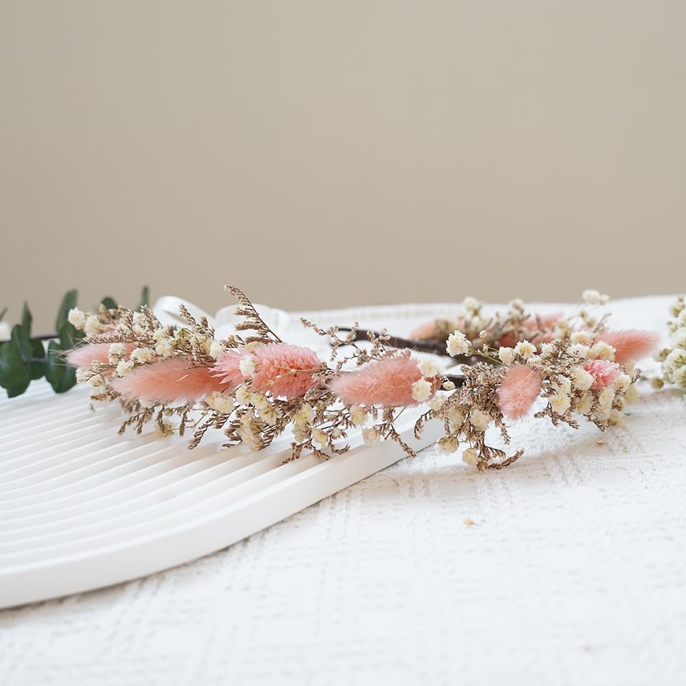 Boho Bridal Crown/Wedding Dried Flower Crown/Pink Flower Crown/Flower Girl Crown/Newborn Crown (Bridal Set)