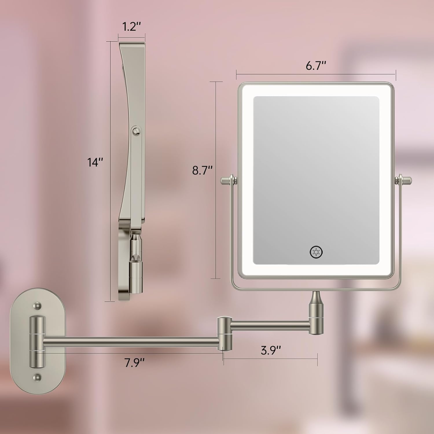 FASCINATE 5000mAh Rechargeable Wall Mounted Makeup Mirror, Bathroom Mirror Rectangle 8.7" Double Sided Touch Switch 1X 30X Magnifying, 3 Color Setting, Extended Arm 360° Swivel Foldable Nickel