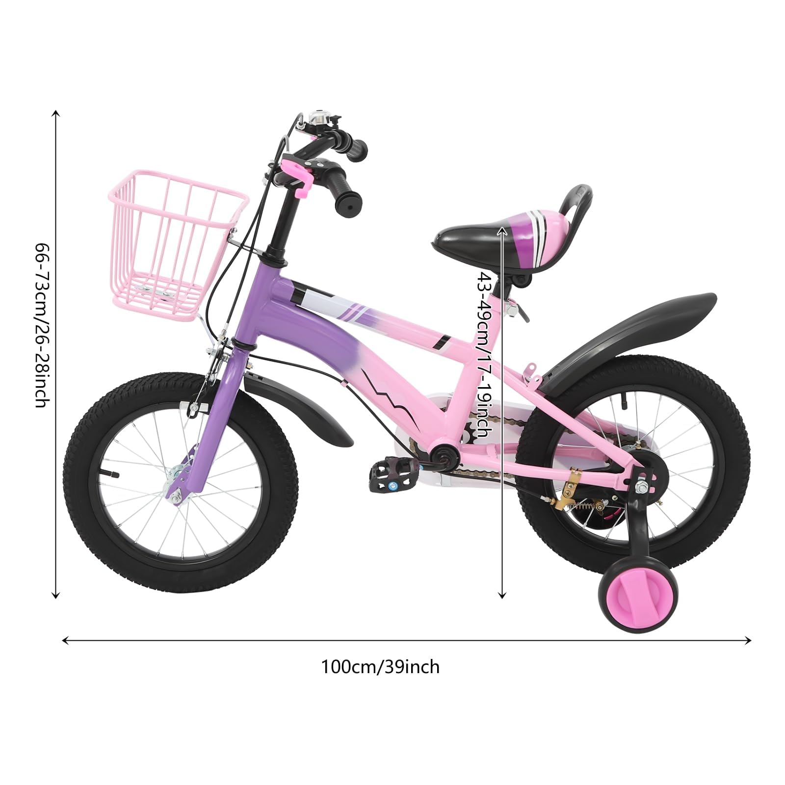 Vélo pour enfant 14 pouces avec panier, vélo pour enfants âgés de 3 à 6 ans avec roues stabilisatrices, vélo 14 pouces pour garçons et filles, hauteur réglable, double système de freinage