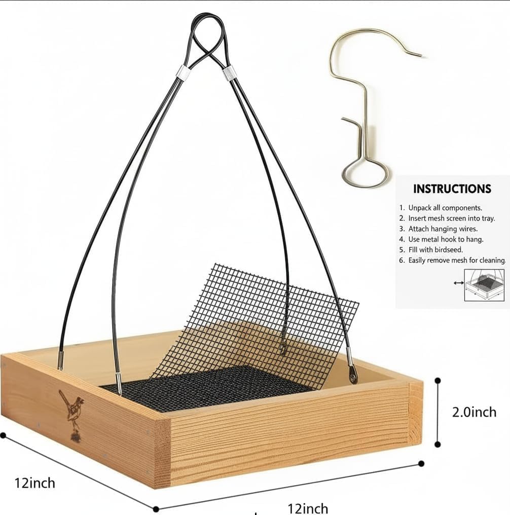 Cedar Wood Platform Tray Bird Feeder 12” - Hanging Bird Feeder for Outside Outdoor - Stainless Steel Cable Mesh Base - Weather Proof Birdfeeder for 10 Years - Longtime Outdoor Lasting Heavy Duty