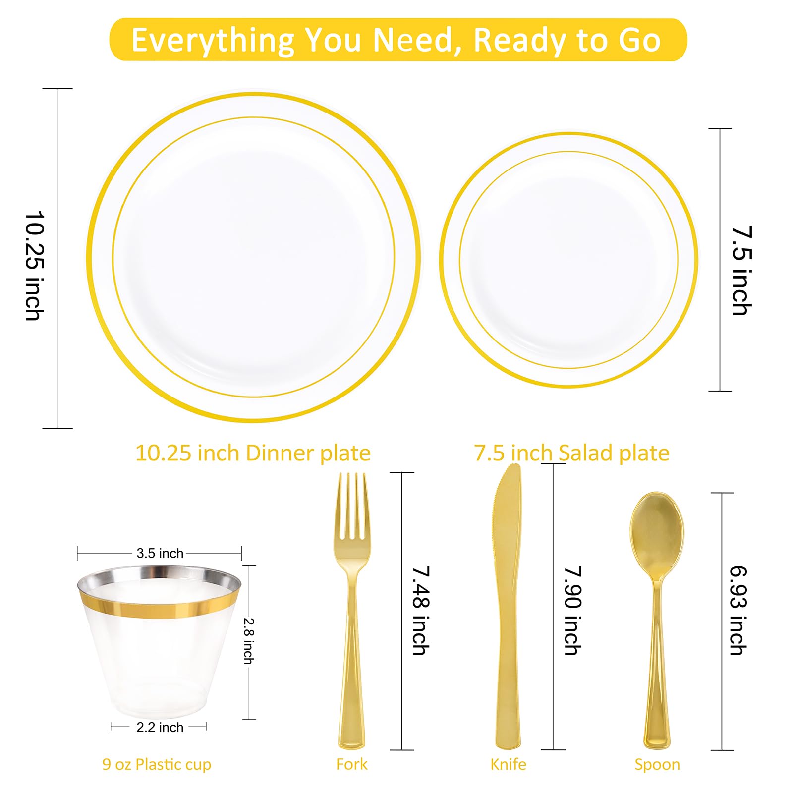 WELLIFE 350-Piece Gold Disposable Plates and Cutlery Set - Premium 10.25" Dinner Plates, 7.5" Dessert Plates, 9oz Cups & Cutlery for Weddings, Catering Events - 50 Guest Service - Elegant & Sturdy