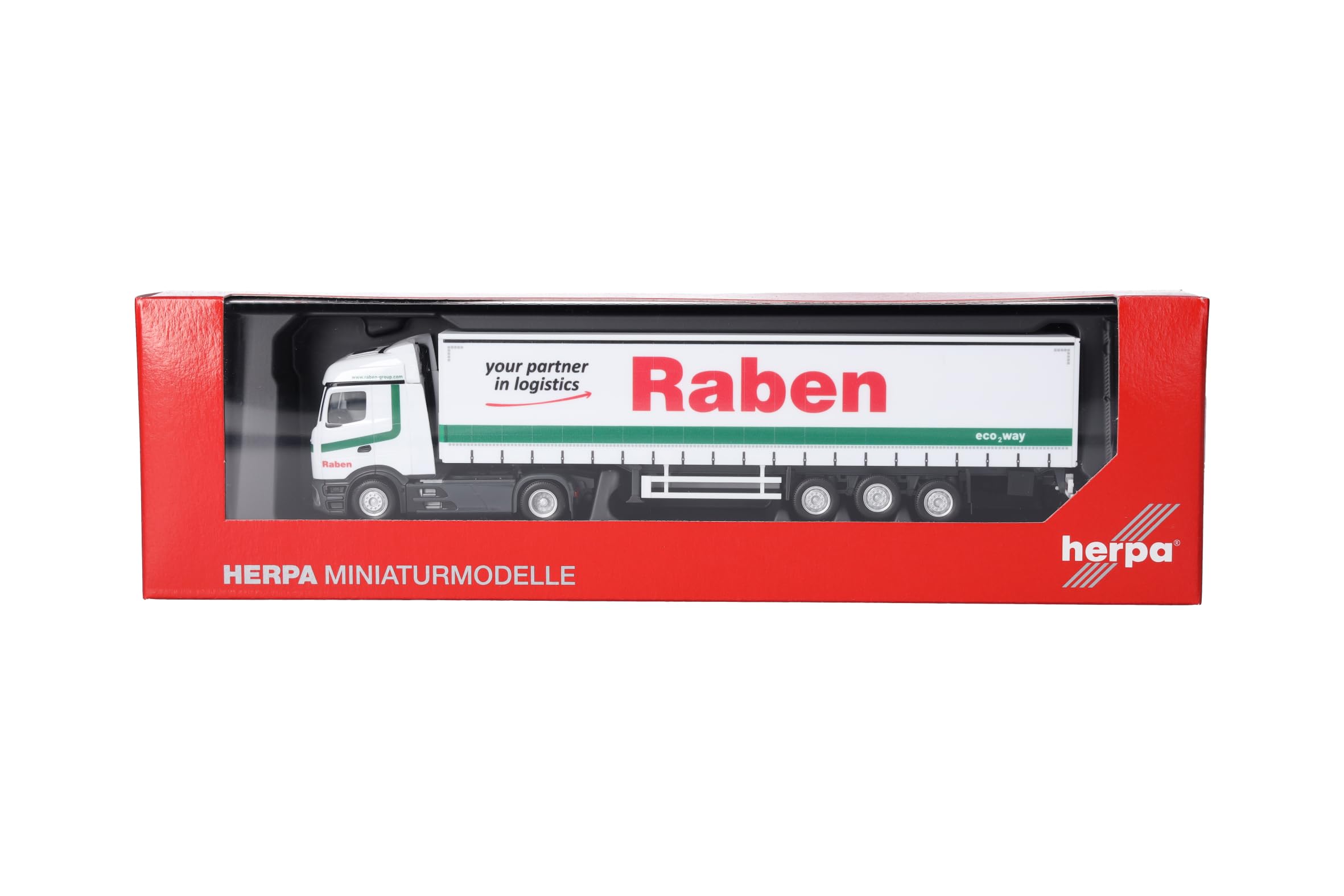 Herpa model ciężarówki Mercedes-Benz Actros L ProCabin Streamspace zestaw z naczepą kurtynową „Raben Logistics”, miniatura w skali 1:87, model kolekcjonerski, Made in Germany, tworzywo sztuczne