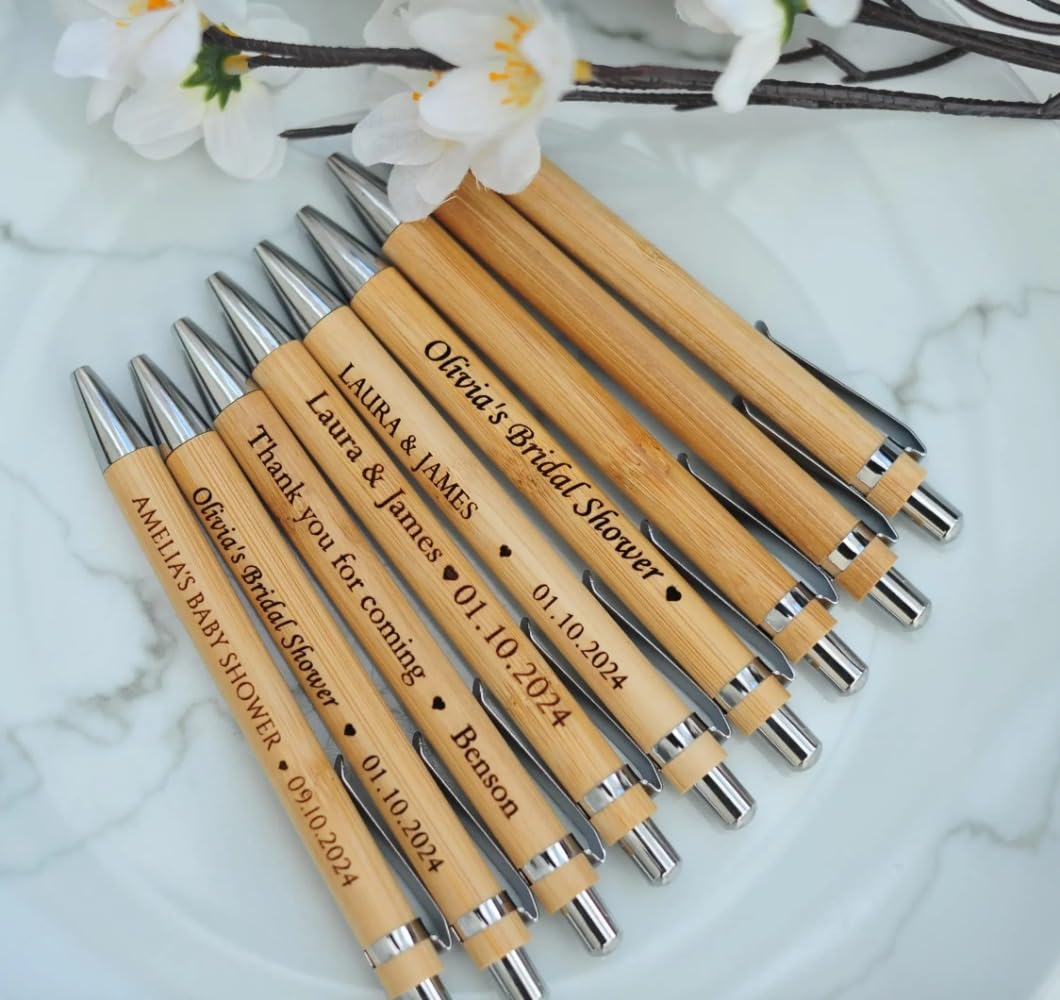 Bolígrafos retráctiles de madera de bambú personalizados, bolígrafos de tinta negra grabados, con nombre personalizado, logotipo para regalos, escritura, suministros escolares de oficina (100