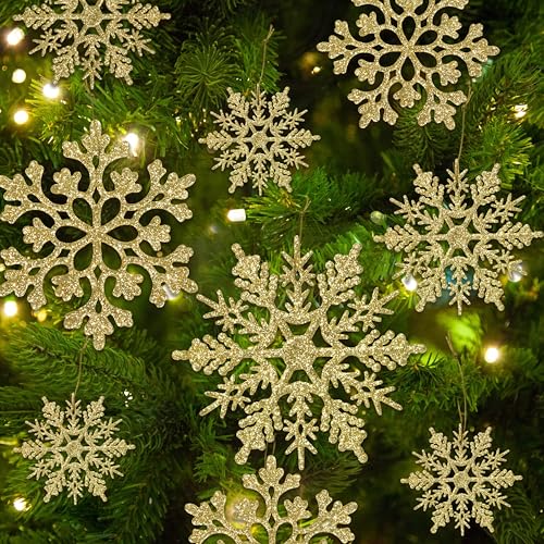 Image of 60pcs Christmas Gold Snowflake Ornaments Plastic Glitter Snow Flakes Ornaments for Winter Christmas Tree Decorations Size Varies Craft Snowflakes