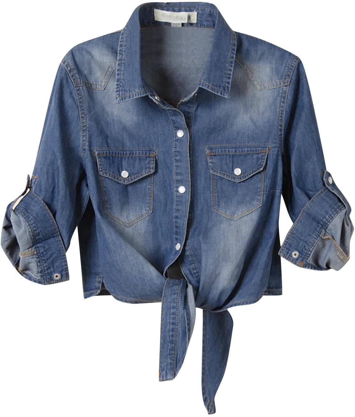 Denim Crop Tops for Women Button Down Blouse Roll Up 3/4 Sleeve Tie Front Knot Shirts Fashion Y2k Going Out Tops/UK Size/Ladies