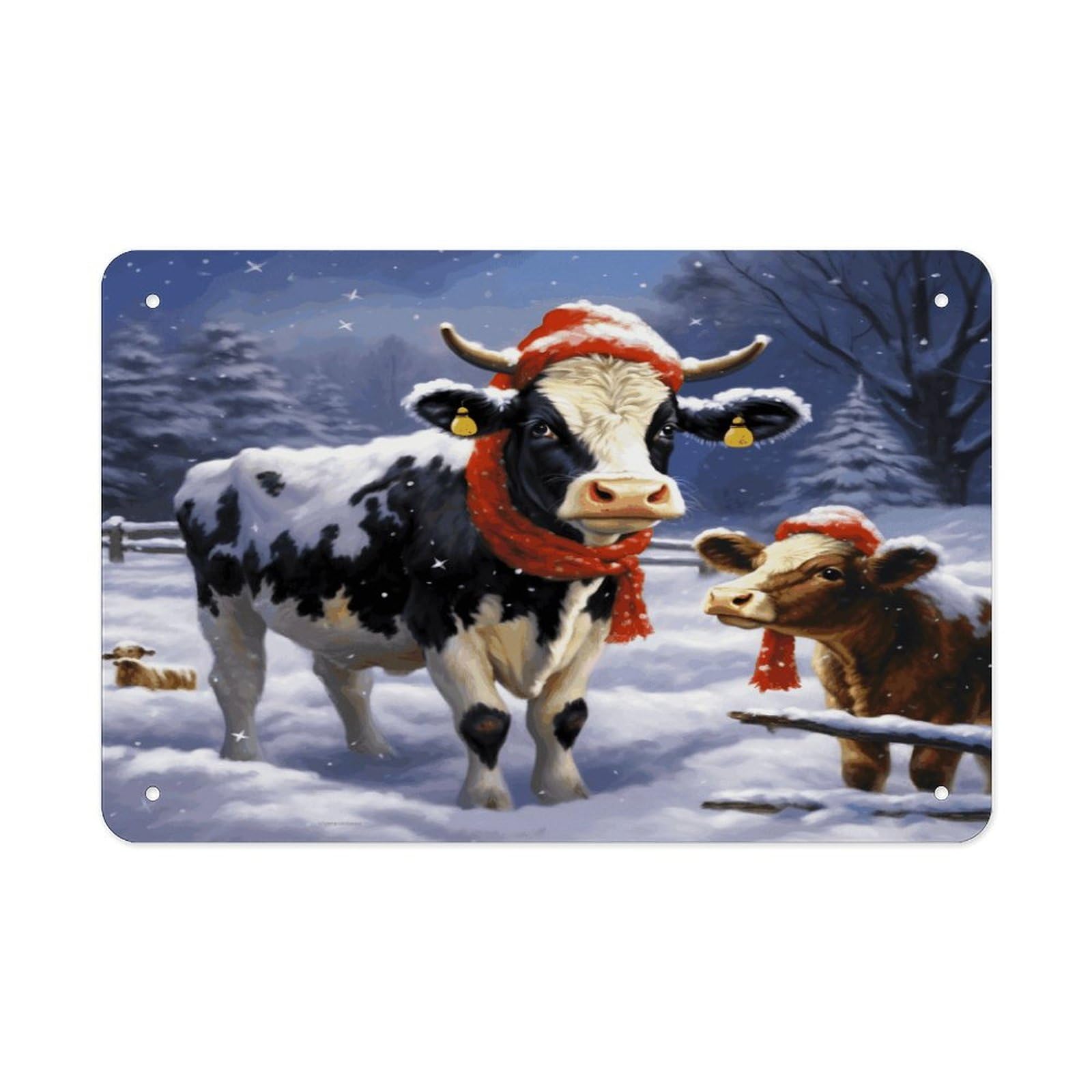 Christmas Snow Cow Metal Tin Sign 12"x8" Wall Art Prints Poster Decorative Picture Metal Signboard Decor Painting Folded Edge Iron Sheet Painting with Holes for Wall Decor