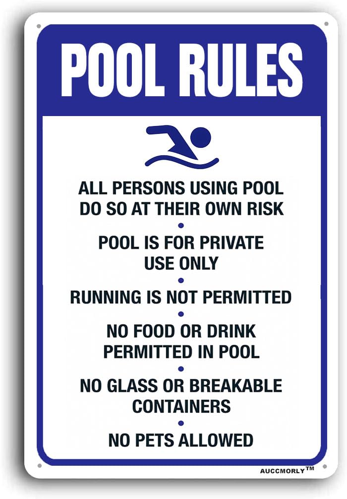 AUCCMORLY Aluminum Pool Rules Sign, No Food or Drinks Pool Sign, 8"x12" Metal Swimming Pool for Indoor Outdoor Use-image-33