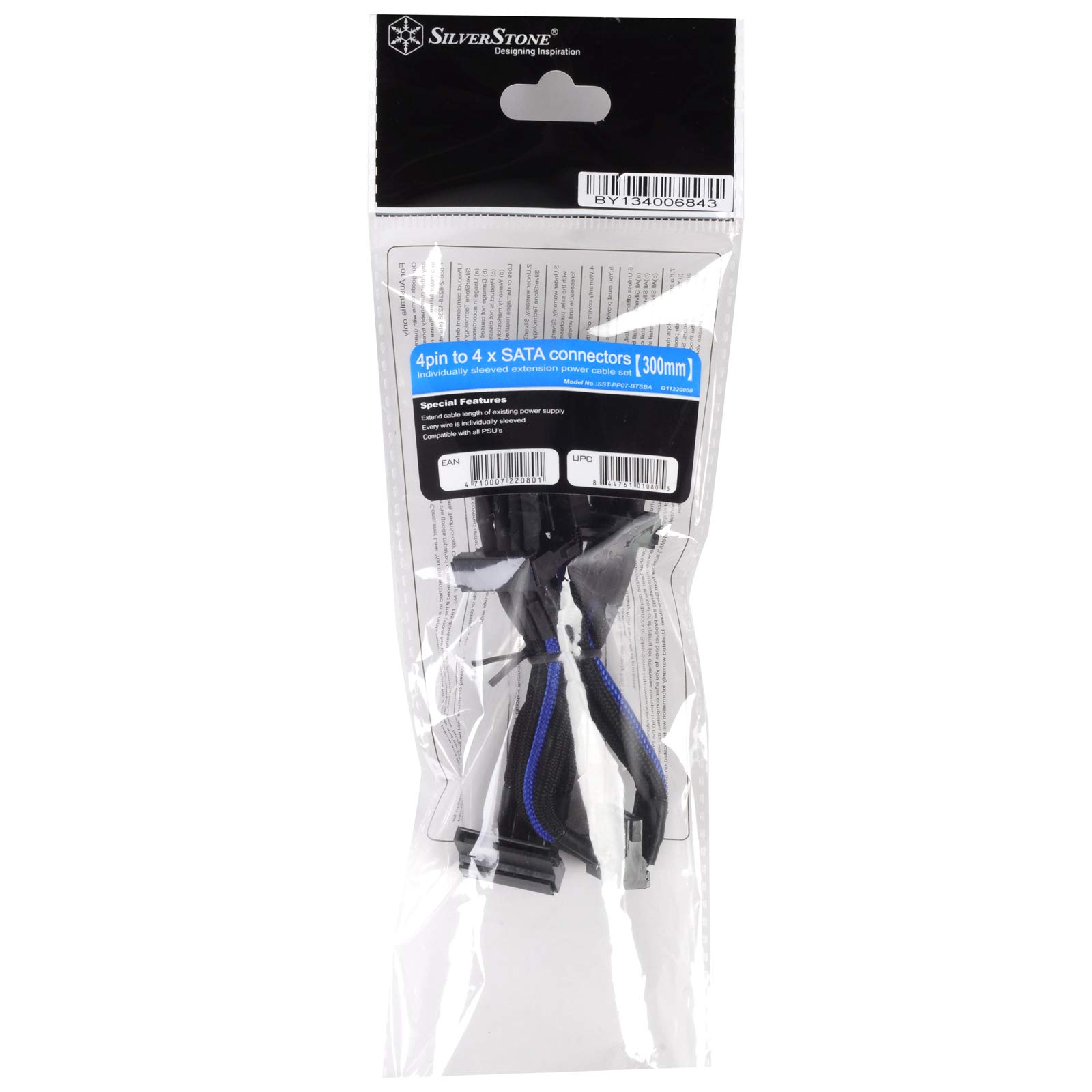 Silverstone Tek Sleeved Extension Power Supply Cable with 1 x 4 Pin to 4 x SATA Connectors (PP07-BTSBA)