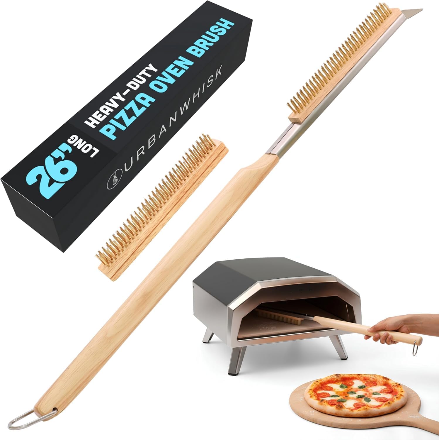 Urban Whisk 22" Pizza Oven Brush with Scraper – Heat Resistant Pizza Brush for Pizza Oven with Stainless Steel Bristles | Pizza Stone Brush for Cleaning Residue & Ash, Extra Long Handles & Spare Head