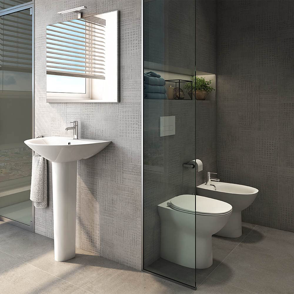 Inbagno Coppia Sanitari Filo Muro Rimless, Completa di Copriwc Tradizionale Slim, in Ceramica Bianca Serie Morning