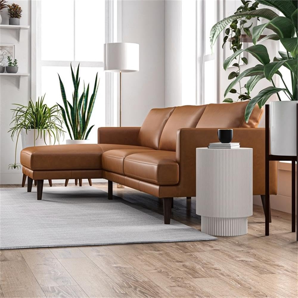 Pemberly Row L-Shaped Genuine Leather Sectional Sofa, Tan Finish, Left-Facing, Mid-Century Design, Solid Wood Frame, Foam Padding, Living Room or Office Seating