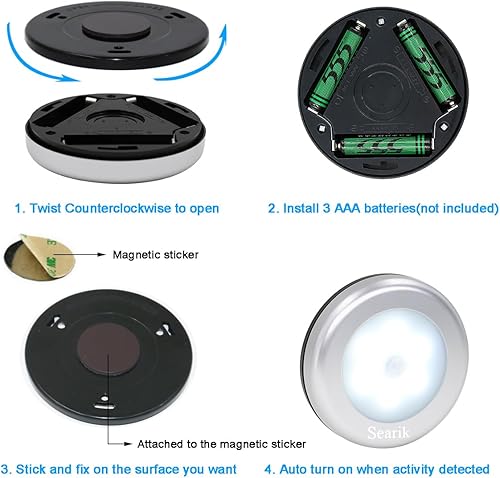 Miniatura 9 de 6 piezas de luz nocturna con sensor de movimiento para interiores, inalámbrica, funciona con pilas, luces de paso inalámbricas para debajo del
