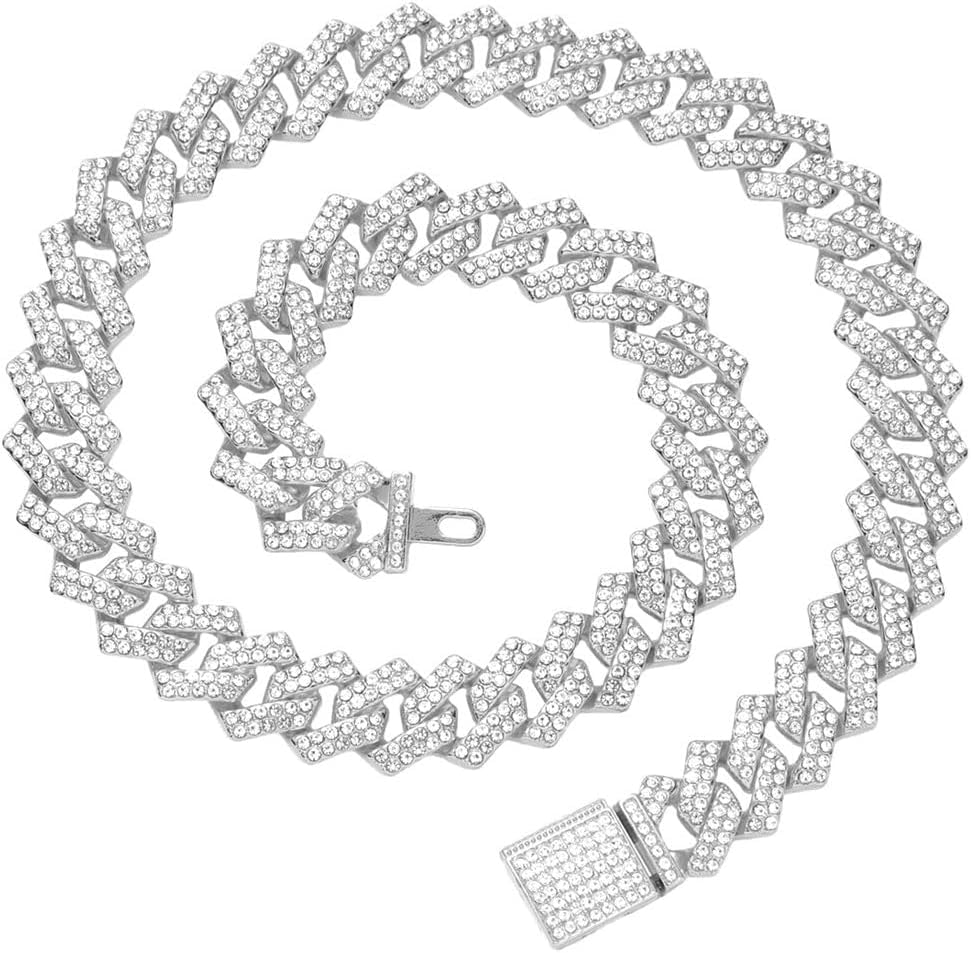 Image of Serijoars Dog Chain Diamond Collar, Bling Diamond Cuban Link Puppy Collars Glitter Chain Rhinestone Dog Necklace for Small Medium Large Pet Dogs (Silver, 24 inch)