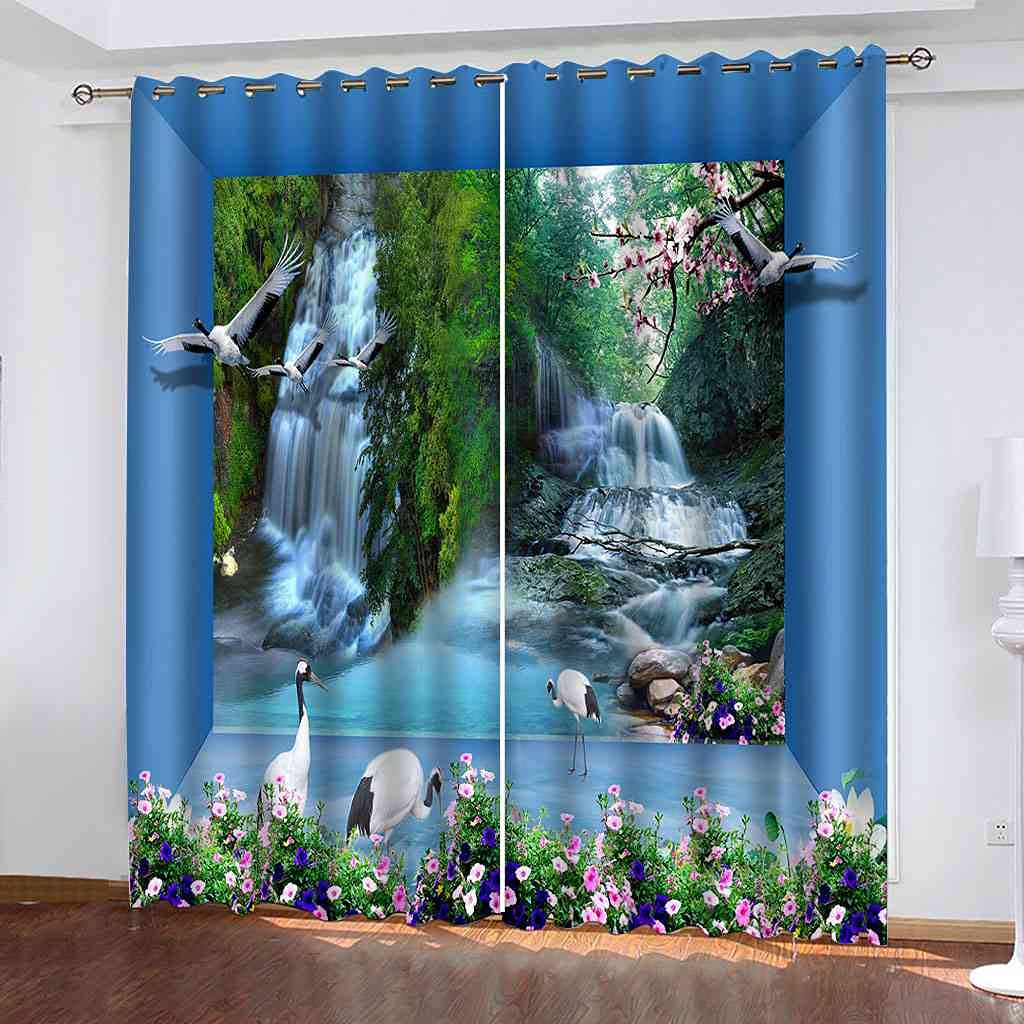 Rideau occultant lot de 2 à oeillets imprimé forêt cascade pour salon et chambre