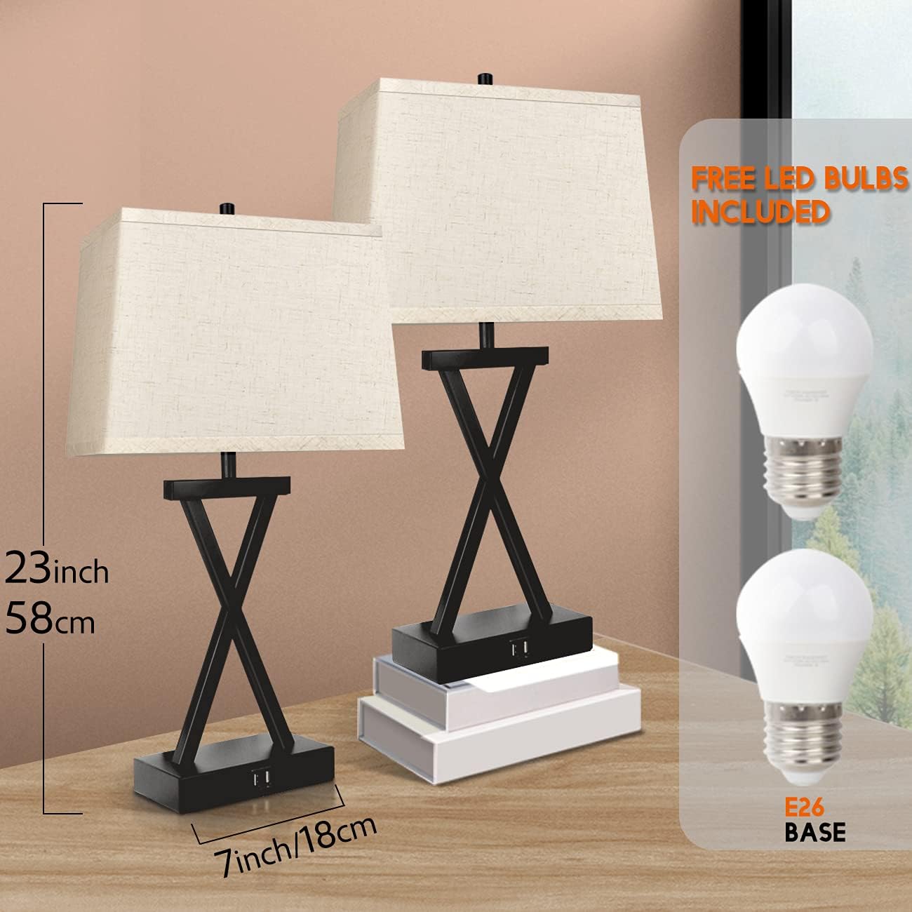 Innqoo Bedside Table Lamps for Bedroom - Set of 2 Nightstand Touch Lamps with USB Charging Ports, 23” Tall House Decor Farmhouse Decorations for Living Room, 3-Way Dimmable Modern Lamps with LED Bulbs - - 