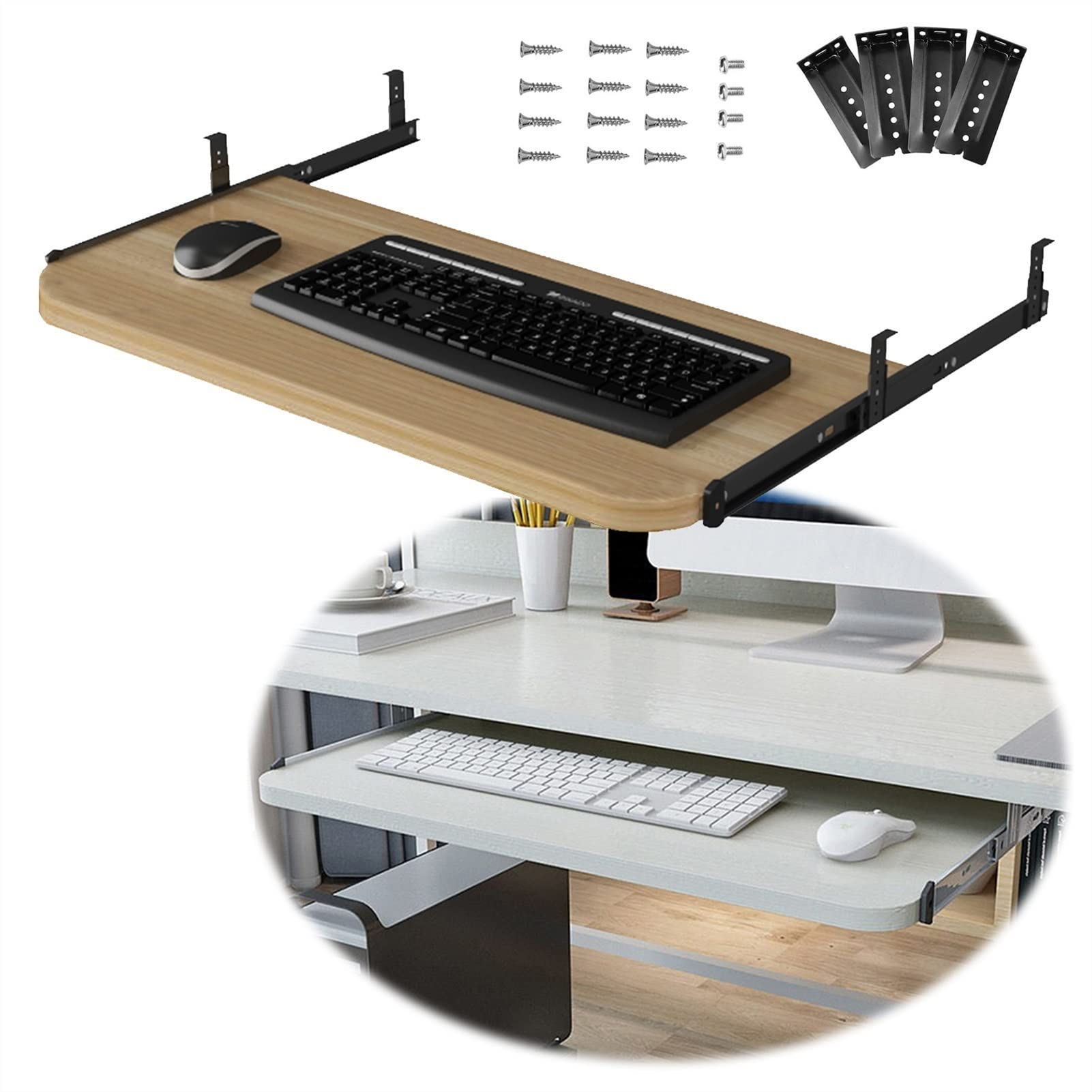Drewniana taca na klawiaturę z 5 kolorami 54/60/70x27 cm przesuwny uchwyt na tablet wysokość klawiatury i myszy Sto półki
