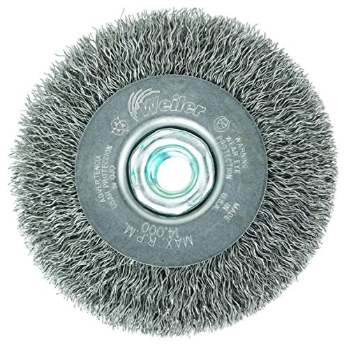 Image of Weiler 13077 4 inch Narrow Face Crimped Wire Wheel, .014 inch Steel Fill, M14 x 2.0 Nut, Made in The USA (Pack of 5)