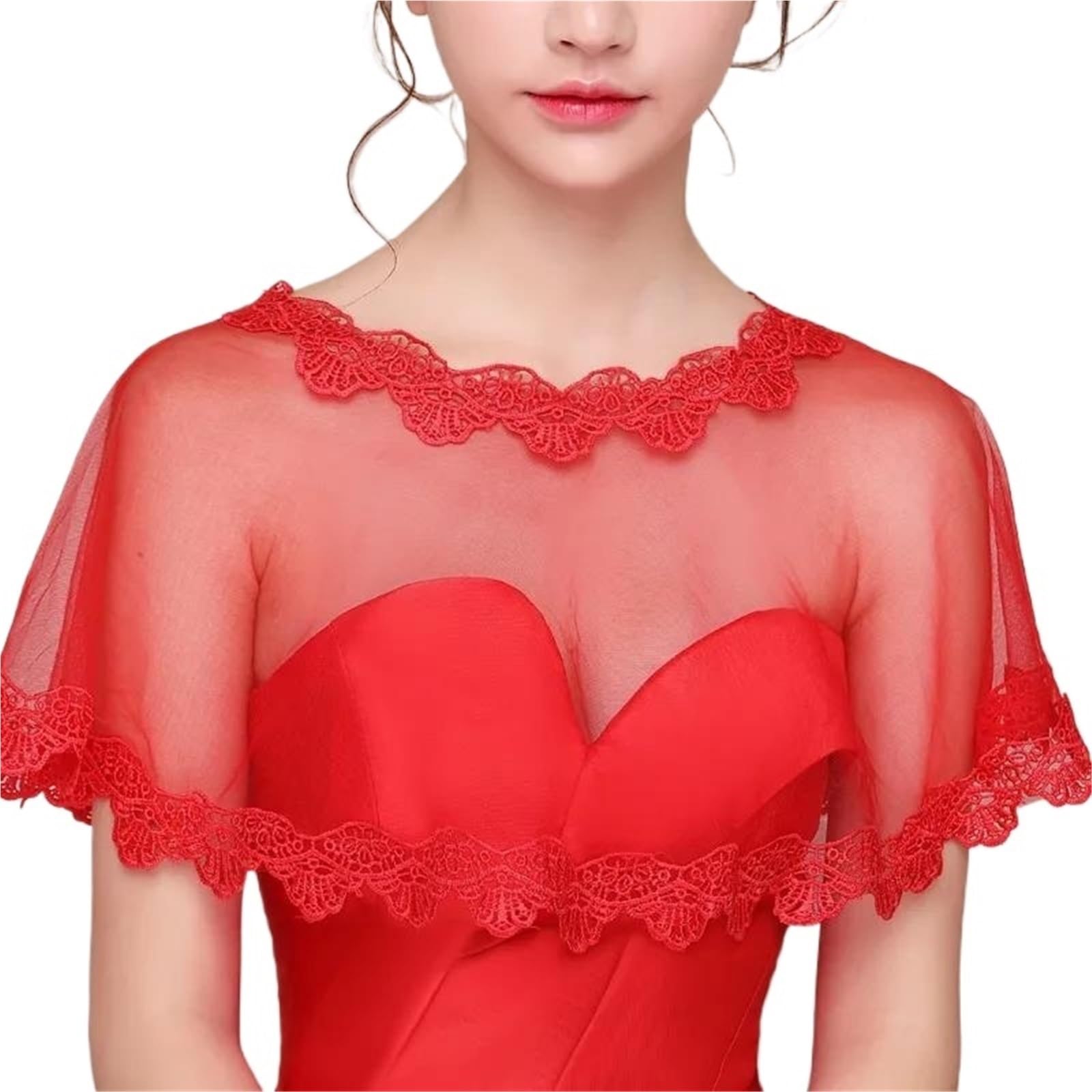 HEUchuan Wedding Dress Shawl Red Lace Appliqued Cape Bolero for Women - Bridal Marriage Party Wraps and Shawls(Red)