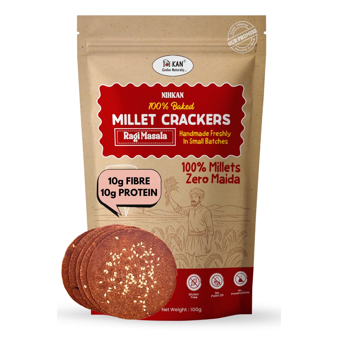 NIHKAN Ragi Millet Crackers - Gluten free | No Maida | High protein | High Fibre - Handmade & baked | Healthy Millet snack | Chai time Ragi chips - No Preservatives & No Baking soda - 100g (Ragi Masala)