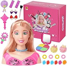 HOTUT Testa in Stile Bambola, Testa da Truccare e Pettinare con Accessori Colorati, Testa Pettinabile con 21 Capelli Rosa, Decorazioni da Colorare Bambola Accessori, Giocattolo per Bambini 3+ Anni