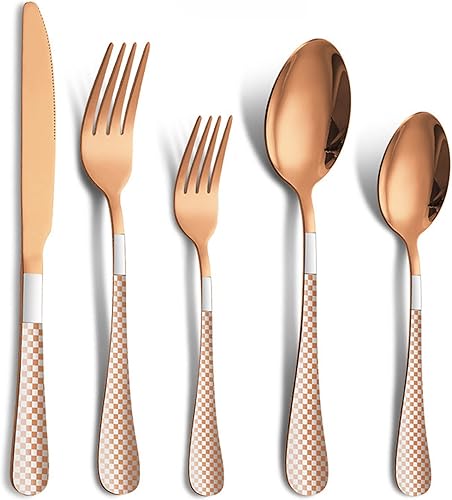 Miniatura 10 de Juego de cubiertos de acero inoxidable con estampado a cuadros, 20 piezas, con cuchillo, tenedor, cuchara, apto para lavavajillas