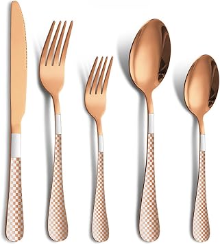 Vilihkc Copper Silverware Flatware Set, 20 Piece Stainless Steel Cutlery Set for 4 including Fork Spoon and Knife, Ideal for Home Hotel Wedding Festival Party, Dishwasher Safe