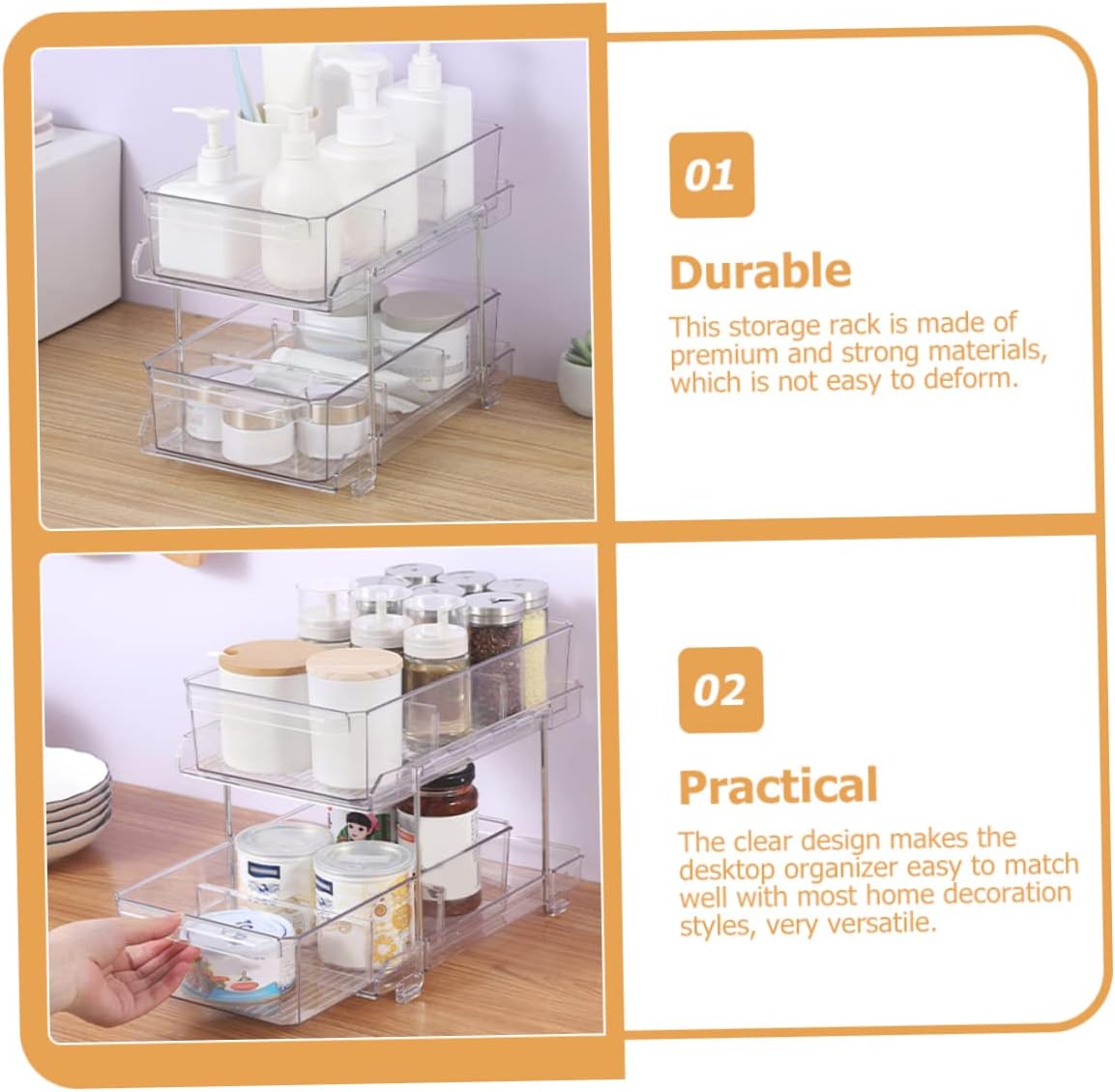 Firm 2-tier Pullout Cabinet Kitchen and Bathroom Storage Rack Toiletry Organizer Vanity Organizer 2-tier Makeup Shelf Home Decor