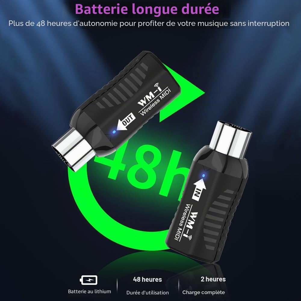 Sanfoelek Adaptateur MIDI sans fil o émetteur récepteur 2,4 GHz ultra faible latence intégré silencieux connecteur MIDI portable pour instruments à vent guitare piano numérique clé