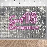 Ayayiya Pink Neon Sweet 16 Birthday Backdrop Silver Flash Square Sweet Sixteen Photography Background Shiny Sequin Wall Girls 16th Birthday Party Decorations Cake Table Banner Photo Booth Props 7x5ft
