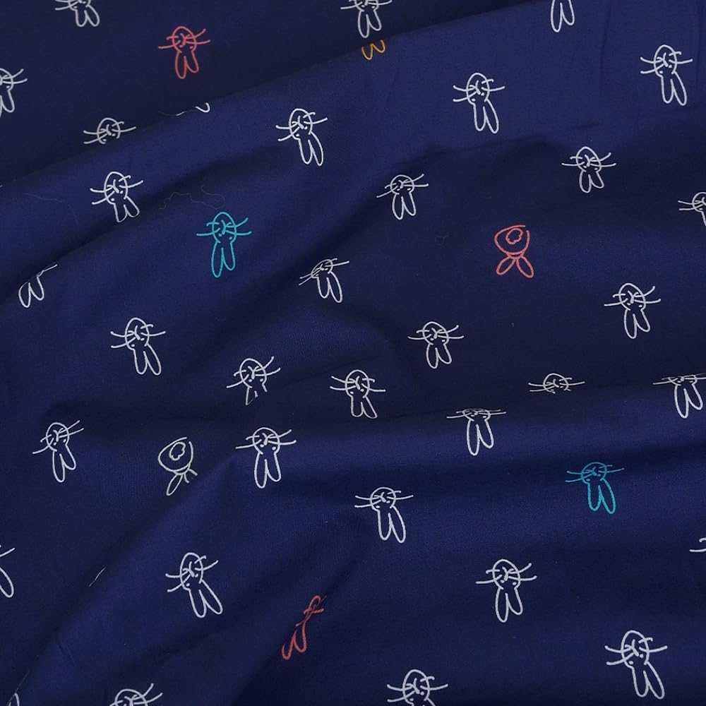 Hign Density Pure Cotton Fabric by The Yard, Navy Blue Base Cartoon Rabbit Print Cotton Apparel Fabric Made in Japan, 59 inches Width, Suitable for Fashion Dress, Shirt, Skirt, Quilting and Crafting