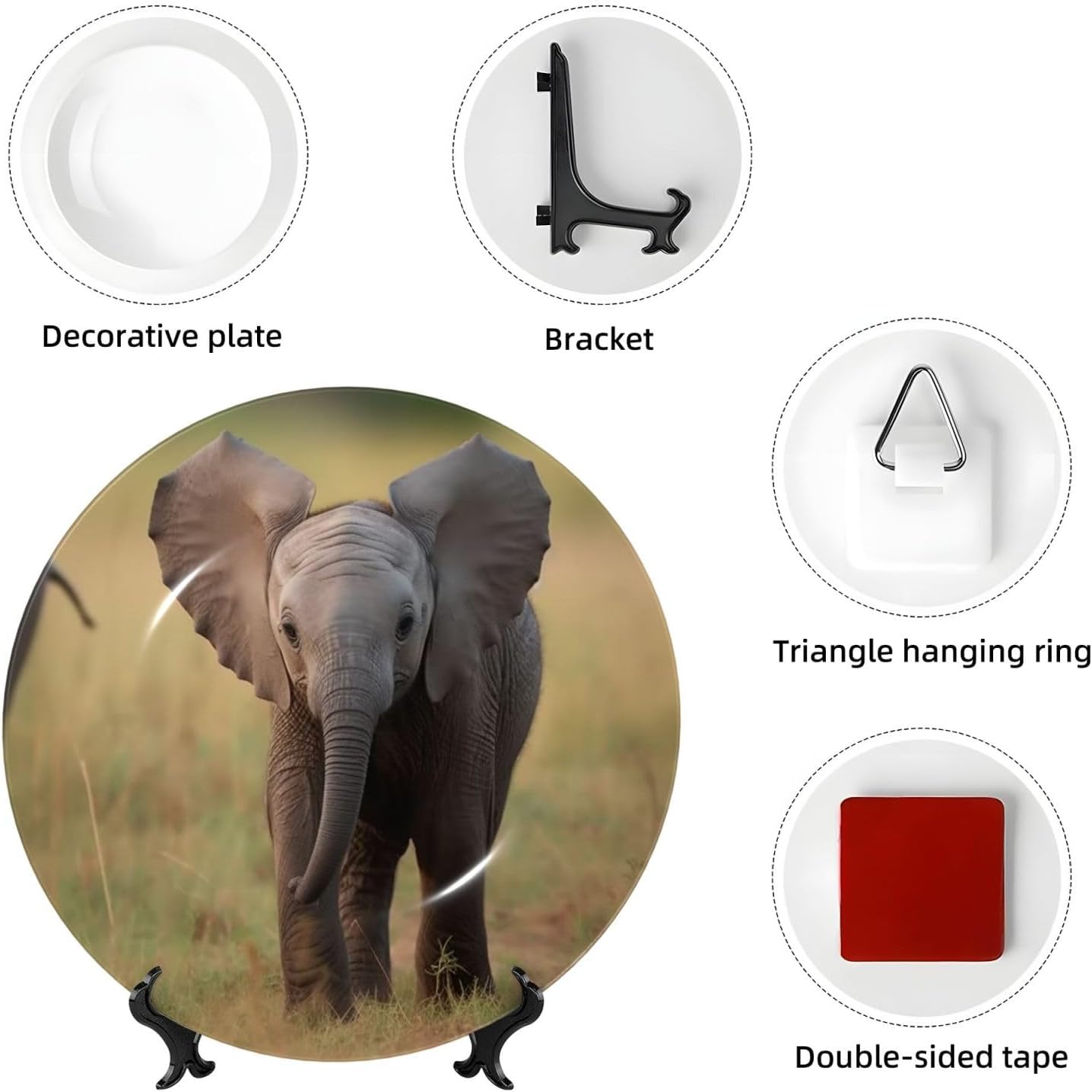 Baby elephant Bone China Decorative Plates 8in Personalized Ceramic Decorative Plate with Display Stand Ceramic Ornaments Art Porcelain Plate for Home Office Wall Hanging Decoration image 4