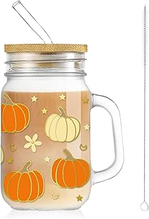 Whaline Fall Mason Jar Mug with Handle 18 oz Pumpkin Flower Star Mason Jar Drinking Glasses Orange Beige Pumpkin Ice Coffee Cups with Lid and Straw for Iced Coffee Tea Soda Cocktail Gifts