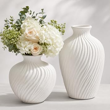 White Ceramic Vase Set of 2 - Modern Flower Vases for Home Decor - Rustic Textured White Vase for Living Room Decor - 8.655.5 & 5.55.5 Inch Round Vases for Dining Table Centerpiece Decoration