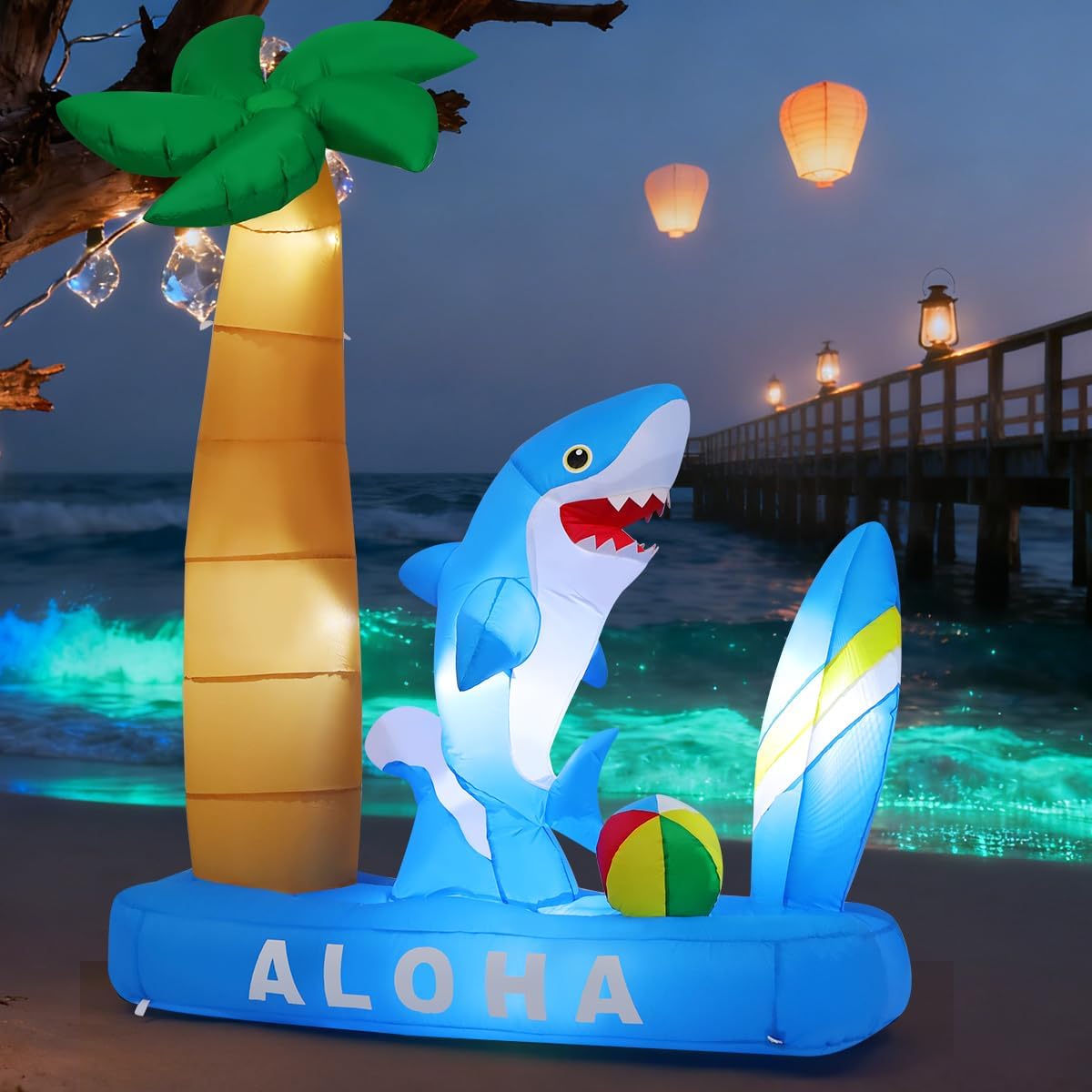 GOOSH 7.4 FT Summer Inflatable Shark with Palm Tree, Surfboard & Beach Ball Outdoor Blow Up Yard Decoration with LED Lights for Hawaiian Beach Party Garden Lawn Birthday Pool Decor