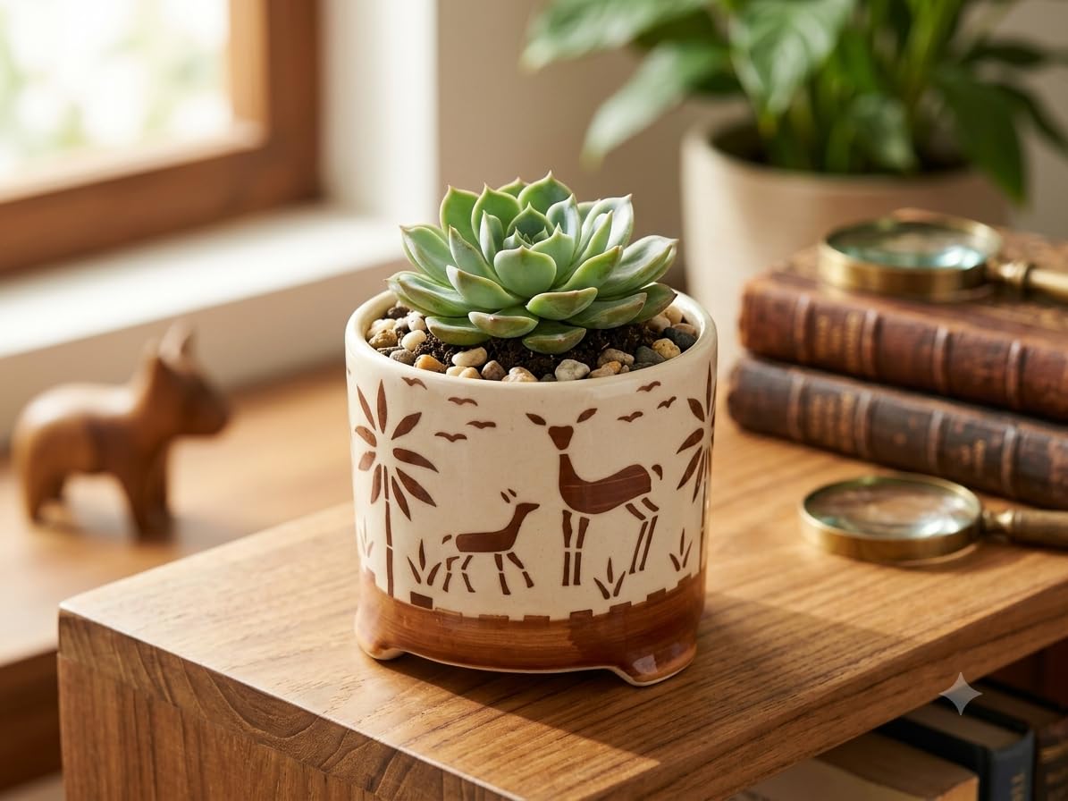 Premium Ceramic Planter Pot for Indoor Plants - Rustic Deer & Nature Motif - Small Decorative Footed Flower Pot for Succulents, Cacti, Herbs, and Desk Decor (Cream/Brown)-image-37