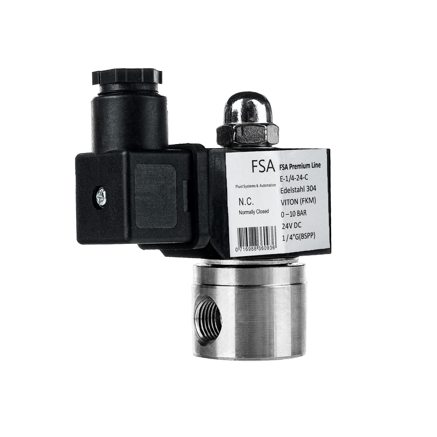 FSA Elettrovalvola in Acciaio Inox 304 1/4" 24V DC 0-10 bar Viton normalmente chiusa