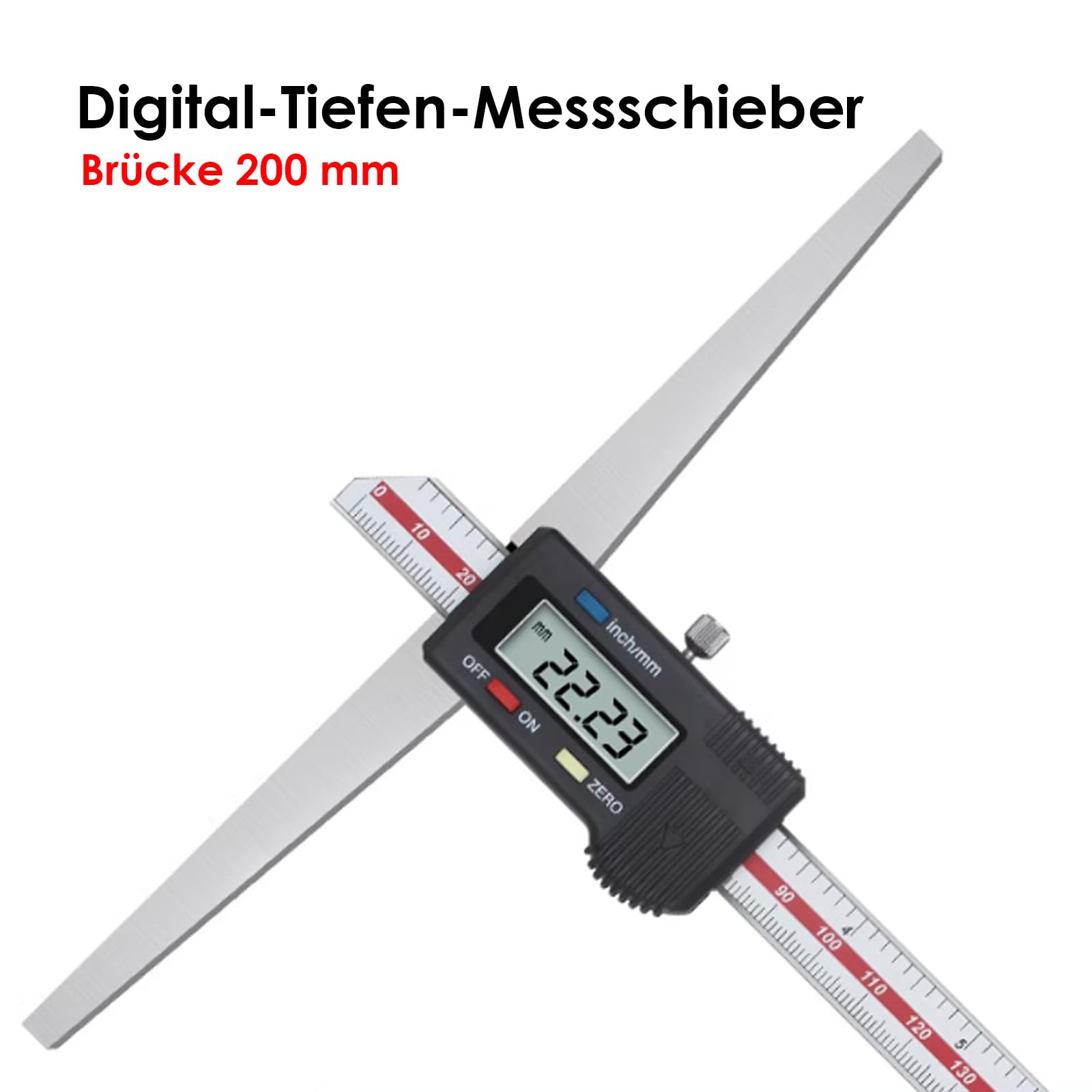 Digital Tiefen-Messschieber 300 mm, Brückenlänge 200 mm, 0,01 mm hochgenauer Edelstahl Digitaler Tiefenmessschieber mit mm/Zoll-Messsystem, Tiefenmess-Messschieber Messwerkzeug (Brückenlänge 200 mm)